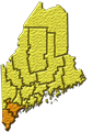 Map of Maine highlighting Cumberland County in southern Maine.